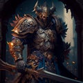 A stern knight in heavy armor in the style of fantasy Royalty Free Stock Photo