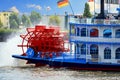 Stern of a moving paddle steamer for tourist excursions in the harbor while sightseeing Royalty Free Stock Photo