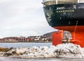 Stern of old Hurtigruten cruise ship MS Finnmarken on quay of Stokmarknes, Vesteralen, Nordland, Norway Royalty Free Stock Photo