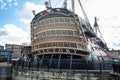 Stern view of HMS Victory, Lord nelson`s flagship, on display at Portsmouth Dockyard, Hampshire, UK Royalty Free Stock Photo
