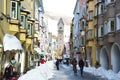 STERZING, ITALY - JANUARY 23, 2018: winter time in cozy mountain town of Europe. Old medieval mountain village with snow.