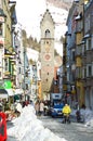 STERZING, ITALY - JANUARY 23, 2018: winter time in cozy mountain town of Europe. Old medieval mountain village with snow.