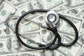 Stethoscope on the background of dollar bills. The concept of paid medicine. Medical costs. Healthcare payment concept Royalty Free Stock Photo