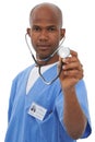 Stethoscope, black man and studio portrait of surgeon for heartbeat, breathing or doctor service assessment. Healthcare