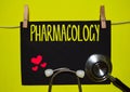 PHARMACOLOGY on top of yellow background.