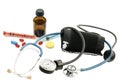 Stethoscope, blood pressure monitor and various pharmaceutical p Royalty Free Stock Photo