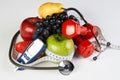 Stethoscope glucometer fruits and dumbbells, Diabetes concept