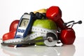 Stethoscope glucometer fruits and dumbbells, Diabetes concept