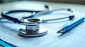 Stethoscope, blue pen, and medical form in clinical documentation setup on light background Royalty Free Stock Photo