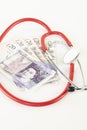 Stethoscope on British pound, concept of supporting and treating the currency of Great Britain