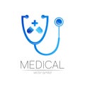 Stethoscope, capsule pill, cross vector logotype in blue color. Medical symbol for doctor, clinic, hospital and