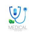 Stethoscope, capsule pill with leaf vector logotype in blue color. Medical symbol for doctor, clinic, hospital and
