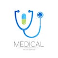 Stethoscope, capsule pill vector logotype in blue color. Medical symbol for doctor, clinic, hospital and diagnostic