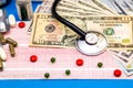 Stethoscope on cardiogram sheet with dollar bills and pills. Royalty Free Stock Photo