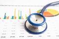 Stethoscope on charts and graphs spreadsheet paper, Finance, Account, Statistics, Investment, economy and Business company concept Royalty Free Stock Photo