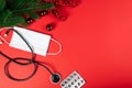 Stethoscope and christmas decoration, copy space. Christmas medical flatlay. Christmas medical flatly. New Year medical flatly.