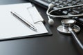 Stethoscope, Document Board, Keyboard computer, Notebook, Pen  on black background and copy space Royalty Free Stock Photo
