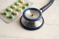 Stethoscope on electrocardiogram ECG, heart wave, heart attack, cardiogram report Royalty Free Stock Photo