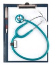 Stethoscope and empty document in a clipboard isolated