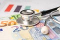 Stethoscope with Euro banknote on charts and graphs spreadsheet paper, Finance, Account, Statistics, Investment, Analytic research Royalty Free Stock Photo