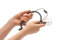 Stethoscope in female hands Royalty Free Stock Photo