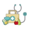 Stethoscope, first aid kit and healthy fruits and vegetables icon Royalty Free Stock Photo