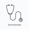 Stethoscope flat line icon. Vector outline illustration of doctor equipment. Heart diagnostic, cardiology clinic thin