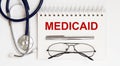 Stethoscope,glasses and pen with notepad with text MEDICAID