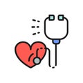 Stethoscope with heart, heartbeat, healthcare flat color line icon.