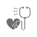 Stethoscope with heart, heartbeat, healthcare grey icon.