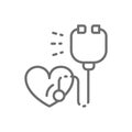 Stethoscope with heart, heartbeat, healthcare line icon.