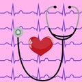 Stethoscope and heart on a pink background and ECG