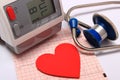 Stethoscope, heart shape, blood pressure monitor and electrocardiogram Royalty Free Stock Photo