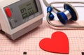 Stethoscope, heart shape, blood pressure monitor on electrocardiogram Royalty Free Stock Photo