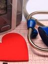 Stethoscope, heart shape, blood pressure monitor on electrocardiogram Royalty Free Stock Photo