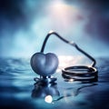 A close-up of a stethoscope and blue heart, blurred out in the background