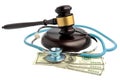 Stethoscope With Judge Gavel, Money Isolated On White