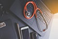 Stethoscope on laptop,Healthcare and medical concept,Selective focus Royalty Free Stock Photo