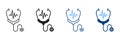 Stethoscope Line and Silhouette Icon Set. Heart Illness Diagnosis Medical Tool Black and Color Pictogram. Doctor's