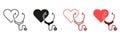 Stethoscope Line and Silhouette Icon Set. Heart Illness Diagnosis Tool. Doctor's Instrument for Pulse Examination