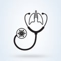 The stethoscope listens to the lungs infected with the virus. Diagnosis of the disease. Vector illustration