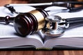 Stethoscope And Mallet Over Opened Law Book Royalty Free Stock Photo