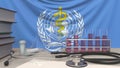 Laboratory equipment on flag of World Health Organization WHO background. Global medical research related editorial 3D