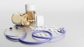 Stethoscope and medicine bottle. The tablets are scattered. Royalty Free Stock Photo