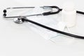 Stethoscope in the office of doctors.Top view of doctor`s desk table. Copy space Royalty Free Stock Photo
