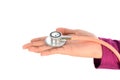 Stethoscope on palm woman hand