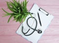 Stethoscope pen paper glasses plant Royalty Free Stock Photo