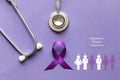 Stethoscope and person with purple ribbon on purple background, Symbol of Alzheimers awareness, Healthcare and medicine concept