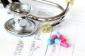 Stethoscope and pills on a check-up report Royalty Free Stock Photo