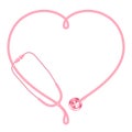 Stethoscope pink color and heart sign symbol frame made from cable isolated on white background